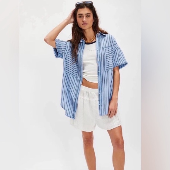 FREE PEOPLE Oversized Christopher Linen Striped Top NWT Blue - Picture 2 of 9